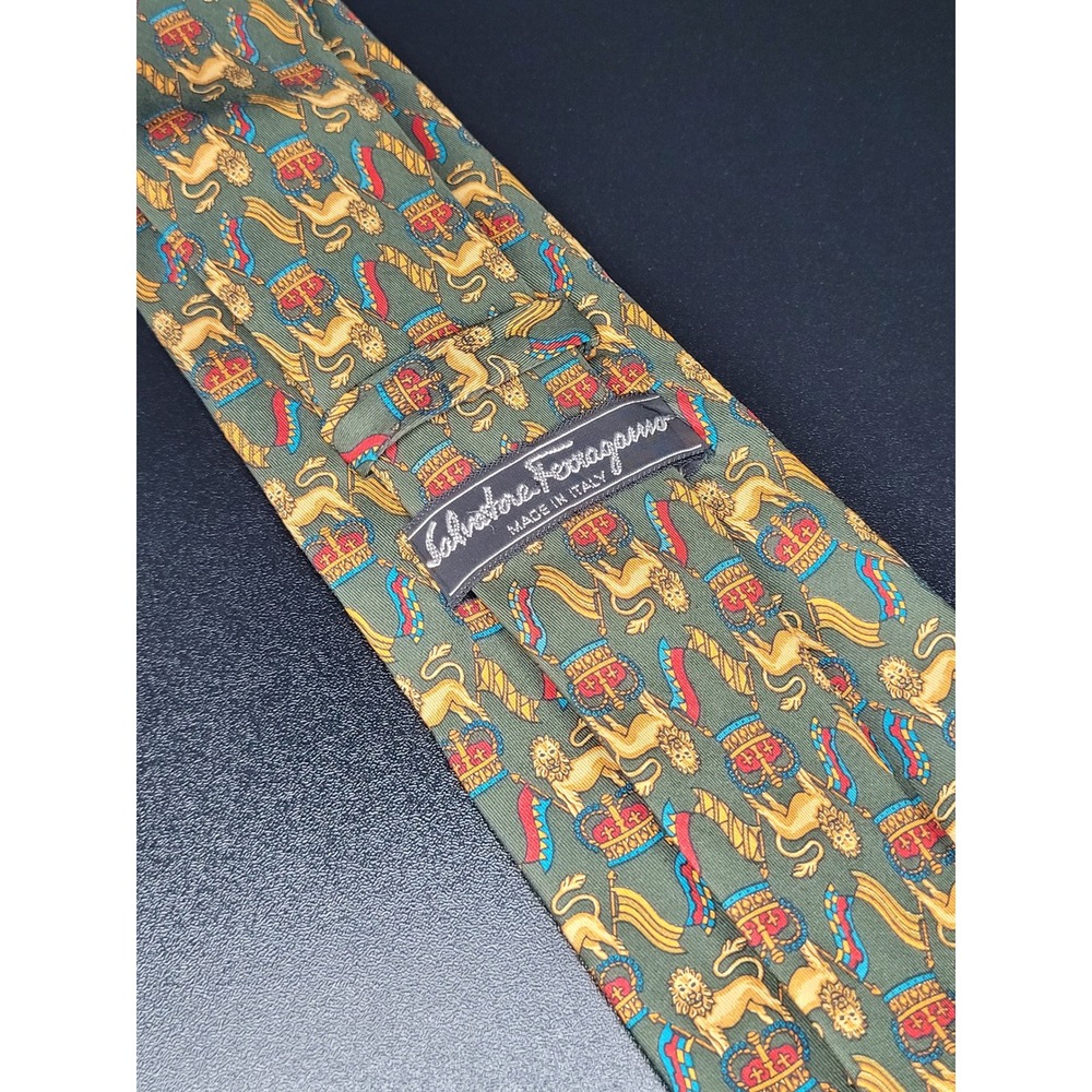 Salvatore Ferragamo Mens Silk Tie Green Lion Crown Heraldic Made in Italy